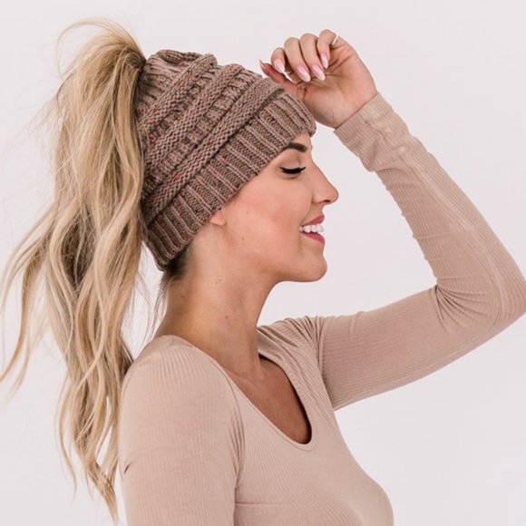 CC Messy Bun Beanie - Taupe - Picture 3 of 4